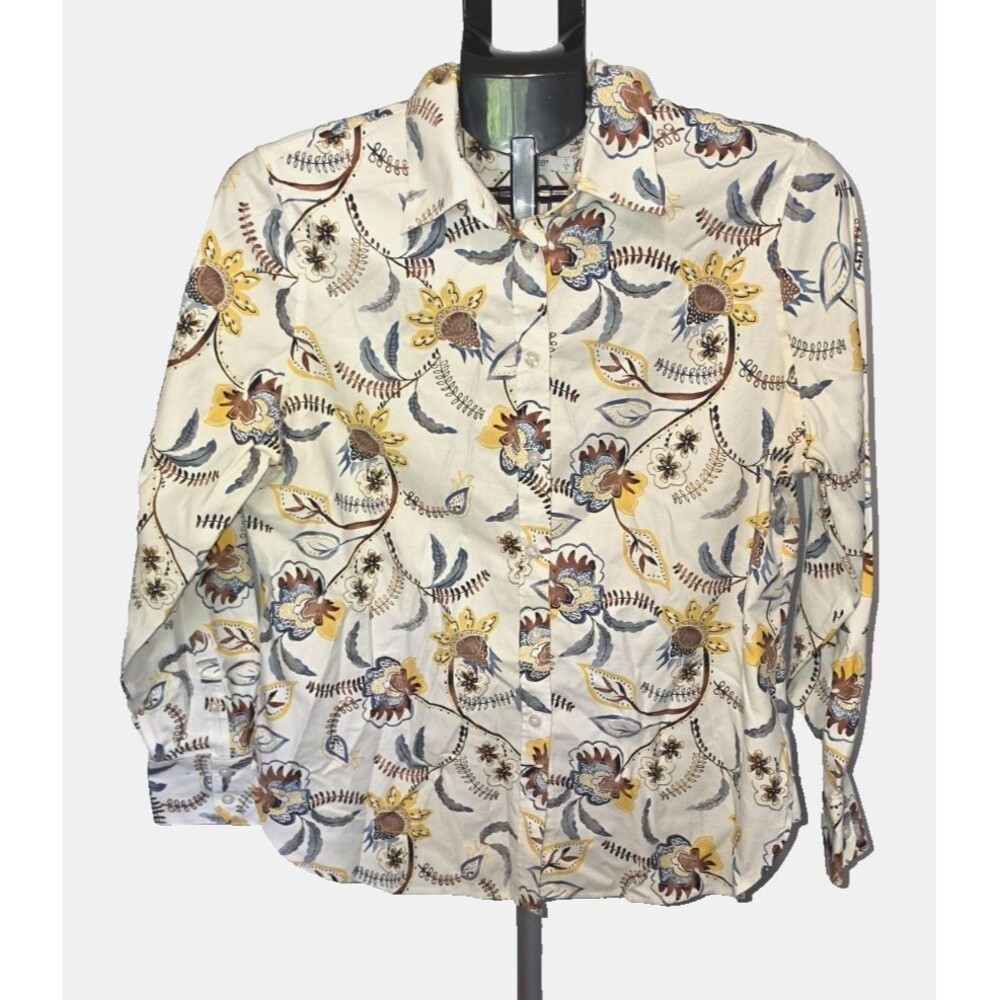 Chico's Chicos Button Front Shirt Top Size 1 Small Fall Print Blue White Brown